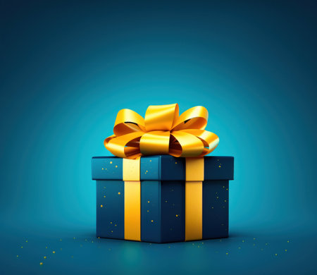 Blue gift box tied with a yellow ribbon. Bright blue background.の素材