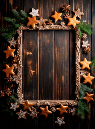 Top view of Christmas table with homemade gingerbreads and copy space. Dark wooden background.の素材