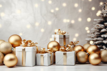 Boxes with Christmas gifts tied with ribbons. Trees in the background. New Year card. White snow background.の素材