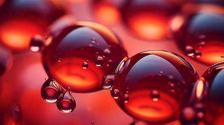 Multi-colored bright transparent glossy bubbles close-up. Oil drops on water surface abstract background.の素材