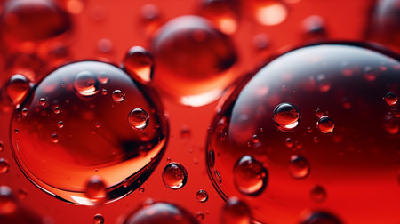 Multi-colored bright transparent glossy bubbles close-up. Oil drops on water surface abstract background.の素材