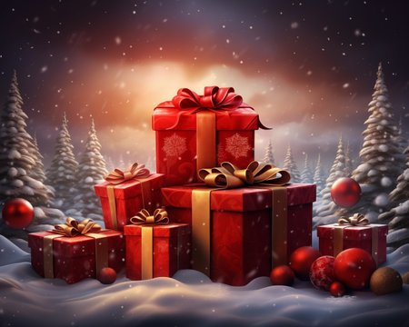 Red boxes with Christmas gifts tied with ribbons. Trees in the background. New Year card. White snow background. Ai. AI generativeの素材