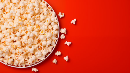 Popcorn scattered on a red background. View from above. A classic movie theater snack.の素材
