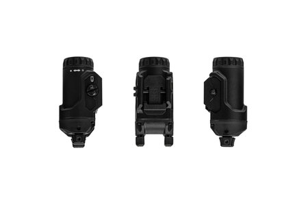 Modern LED flashlight with weapon mount. Underbarrel tactical flashlight isolate on white background.の写真素材