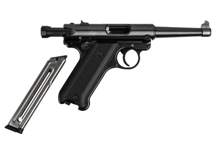 Classic semi-automatic pistol .22lr isolate on a white background. Armament for the army and police. Short-barrel weapon.の写真素材