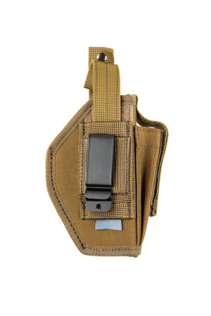 Holster for a pistol. Accessory for convenient and concealed carrying of weapons. Holster made of synthetic material. View from all sides. Isolate on a white background.の写真素材