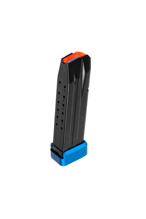 Metal pistol magazine for 9 mm cartridges. Clip for ammunition. Isolate on a white background.の写真素材