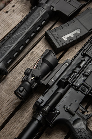 A carbine with red dot sight. Weapons for police, special forces and the army. Modern automatic rifle on a wooden background.の写真素材