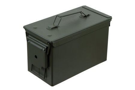 US army green metal ammo can for gun cartridges isolated on white background.の写真素材