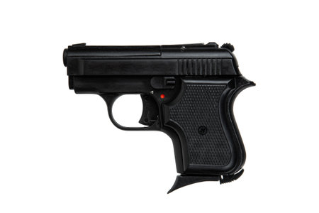 Modern semi-automatic pistol. Small short-barrel weapon for concealed carry. Ladies' pistol. Isolate on white background.の写真素材