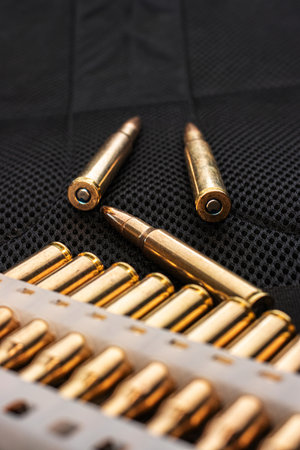 Bullet on black background. Rifle bullets close-up on black back. Cartridges for rifle and carbine...