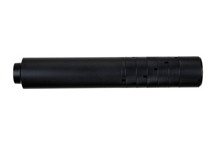 Black silencer for weapons. Suppressor that is at the end of an assault rifle. Isolate on a white...