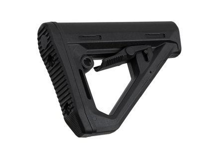 Black adjustable rifle stock, commonly used in firearms for stability and comfort, featuring a textured buttplate and a lever for length adjustment. Isolate on white background.の写真素材