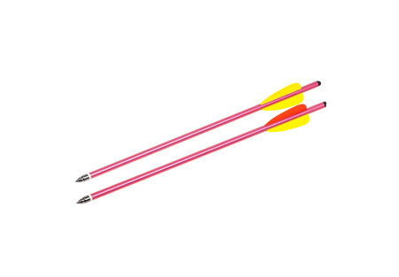 Two pink arrows with metal tips and yellow and orange fletching, isolated on a white background,...