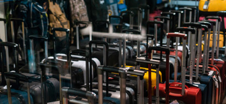 A collection of various colored suitcases with extended handles, arranged closely together, likely in an airport or luggage storage area.の写真素材