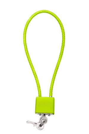 Bright green cable lock with keys, isolated on white background, ideal for securing bicycles or...