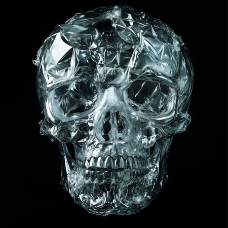 Skull made from crumpled plastic bottles and plastic waste, representing pollution and environmental harm, a symbolic artwork highlighting the global plastic crisis, isolated on black background.の素材