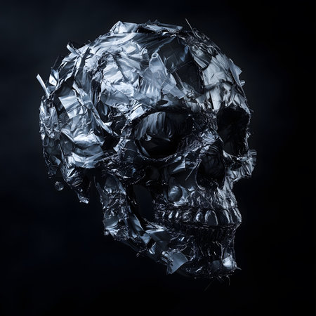 Skull made from crumpled plastic bottles and plastic waste, representing pollution and environmental harm, a symbolic artwork highlighting the global plastic crisis, isolated on black background.の素材
