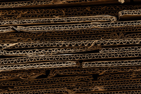 A textured horizontal close-up of a large stack of recycled cardboard, highlighting the compressed folds and raw edges.の写真素材