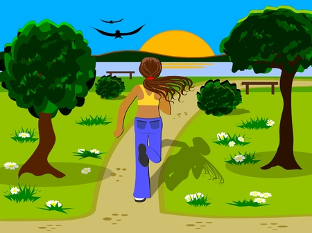 Jogging in a park near the riverの写真素材