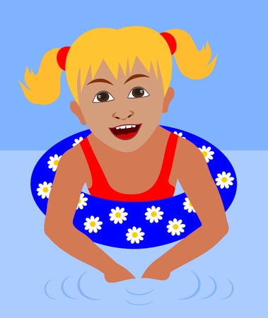 Little girl with inflatable ringの写真素材