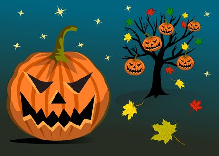 Halloween pumpkins hanging on treeの写真素材