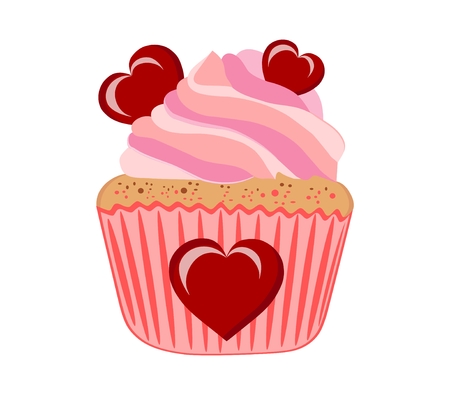 Cake with pink buttercream and red hearts on a white backgroundの写真素材