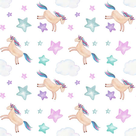 Seamless pattern with cute unicorns and stars. Watercolor illustrationの写真素材
