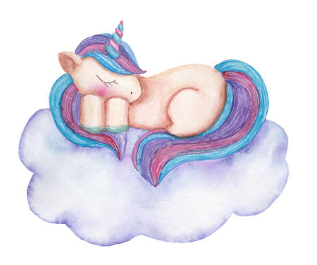 Cute hand drawn unicorn sleeping on a cloud. Watercolor illustrationの写真素材