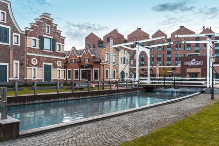 Kiev, Ukraine - Oct. 2019: Shopping mall Manufactura. Rows of shops - townhouses in the North...