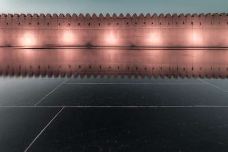 Qasr Al Muwaiji, Al Ain, United Arab Emirates - Jan.5, 2018: The Palace of His Highness Sheikh Khalifa bin Zayed Al Nahyan, President of the UAE. Ancient Fortress Wall with modern fountainのeditorial素材