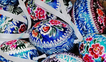 Close up of blue Easter decorated eggs