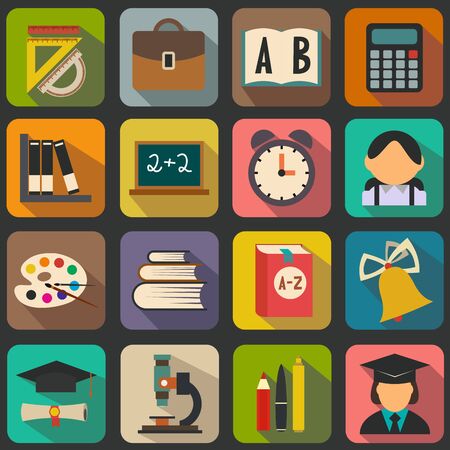 Set of flat school icons on a color backgroundのイラスト素材