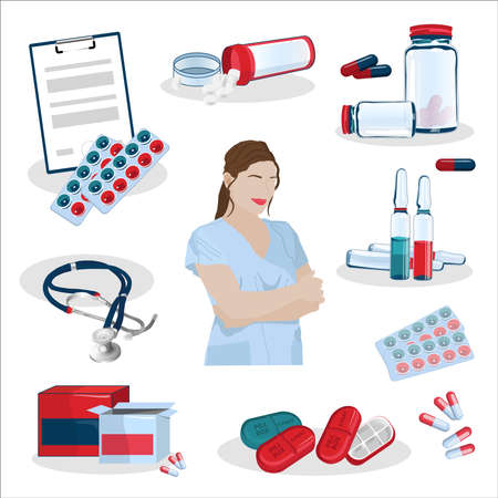 Medical kit with medicines and pills. Doctor will cure disease and virusesのイラスト素材