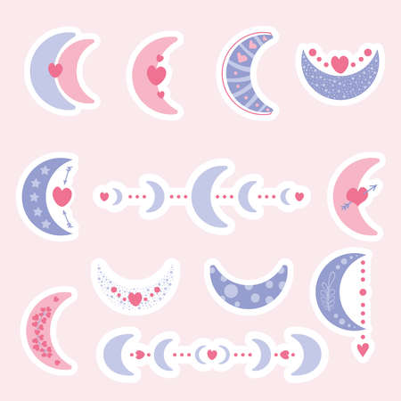Set of logos moon phases in boho style. Boho moon symbol. Cute love moon elements.のイラスト素材