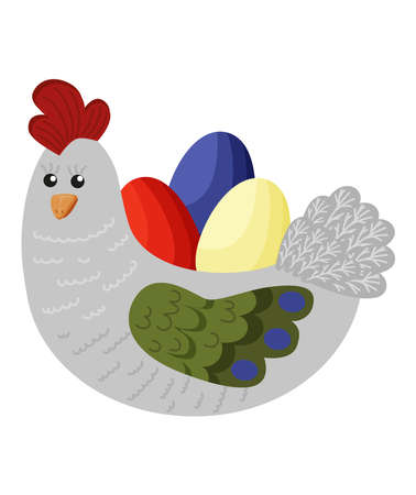 Vector gray retro chicken, with bright colorful eggs.のイラスト素材