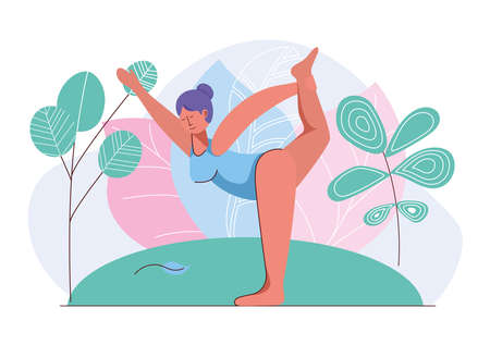 illustration of international yoga day, 21 June- yoga body posture, Woman practicing yoga.vector illustration.のイラスト素材