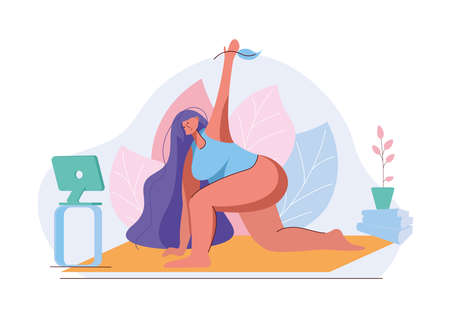 illustration of international yoga day, 21 June- yoga body posture, Woman practicing yoga.vector illustration.のイラスト素材