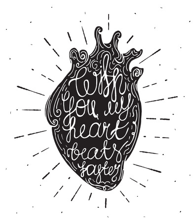 Conceptual design heart with lettering inside. Vintage heart with sunburst isolated on white.のイラスト素材