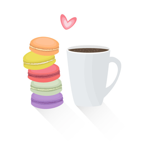 illustration of french cookie macaroons with cup of coffee. Tasty breakfast with macarons in flat styleのイラスト素材