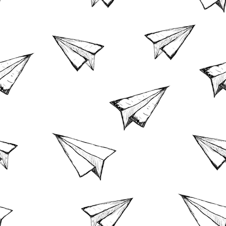 Seamless pattern with a paper airplane on a white background . Drawing by hand . Line drawing. Doodle airplaneのイラスト素材