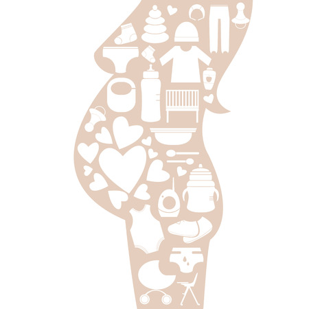 Silhouette of the pregnant woman with baby's goods and items icons inside.のイラスト素材
