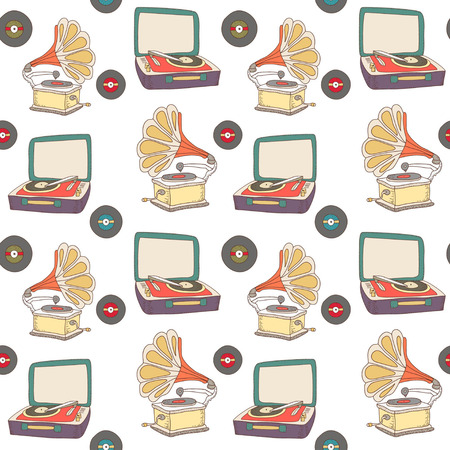 Colorful retro pattern with record-player and gramophone on white background.のイラスト素材