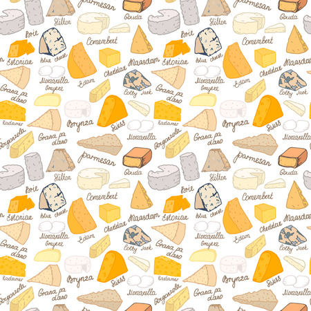 Seamless vector pattern with different types of cheese on white backgroundのイラスト素材