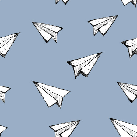 Seamless pattern with a white paper airplane on blue background . Drawing by hand . Line drawing. Doodle airplaneのイラスト素材