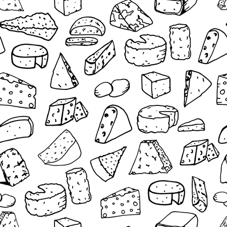 Seamless vector pattern with different types of cheese on white background. Doodle cheese textureのイラスト素材