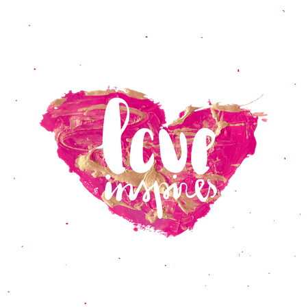 Love inspires. Acrylic art heart with hand lettering. Vector creative background. Hand crafted drawing heart isolated on whiteのイラスト素材