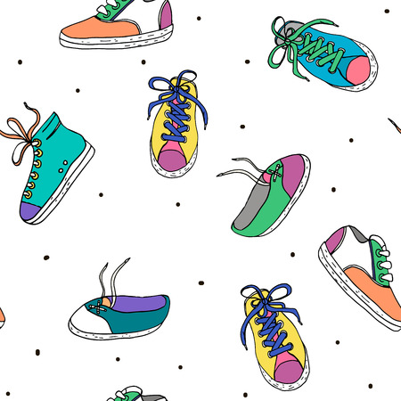 Seamless pattern with sneakers. Hand drawn sport shoes. Vector Illustrationのイラスト素材