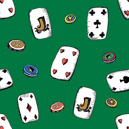 Seamless pattern with playing cards and  chips. Vector doodle backgroundのイラスト素材