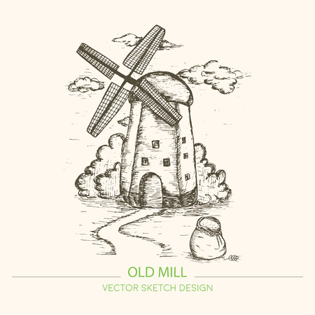 Old mill in retro sketch style. For use in packaging, etc. Vector Illustration.のイラスト素材